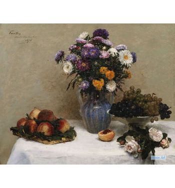 White Roses And Chrysanthemums In A Vase Peaches And Grapes