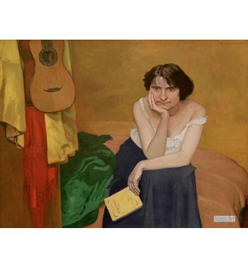 Brunette Woman Sitting Face Down, With Guitar