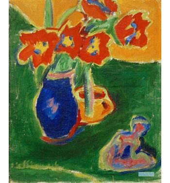 Red Tulips In Blue Vase With Sculpture, 1