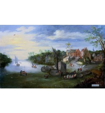 River Landscape With Boats Coming Down The River To Dock By A Village
