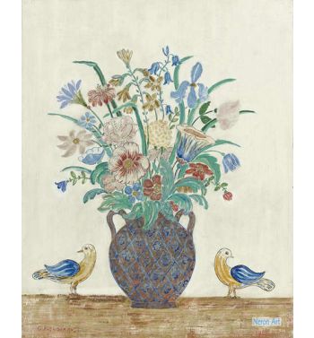 Lowers In A Blue Painted Vase With Bird