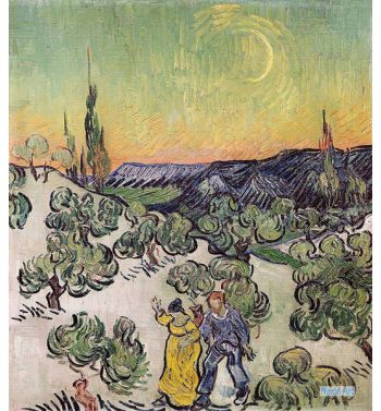 Landscape With Couple Walking And Crescent Moon