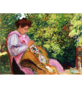 Girl Embroidering, Seated In A Garden, 1896