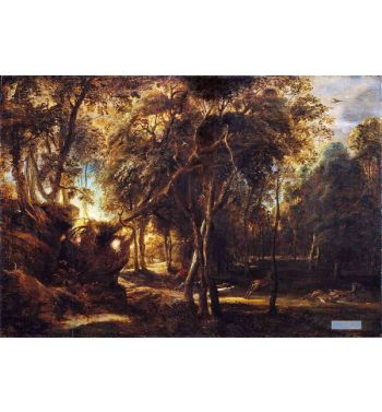 Forest At Dawn With A Deer Hunt