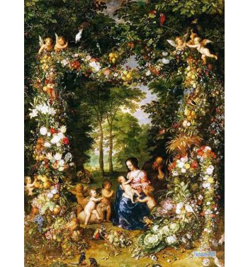 Fruit And Flower Garland With The Holy Family In A Landscape