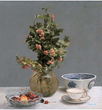 Still Life With Vase Of Hawthorn, Bowl Of Cherries, Japanese Style