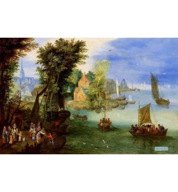 River Landscape With Figures On A Quay Before A Town