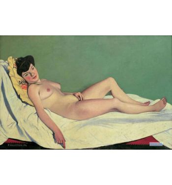 Nude Woman Lying On A White Sheet, Yellow Cushion