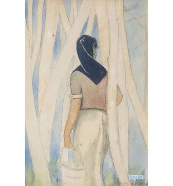 Woman With Basket In The Forest
