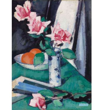 Still Life With Pink Roses And Oranges In A Blue And White Vase