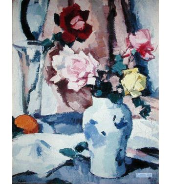 Roses In A Blue And White Vase