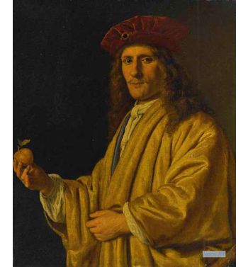 Portrait Of A Man In Yellow Dress Holding An Apple