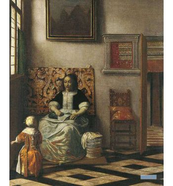 Interior With A Woman Sewing And A Child