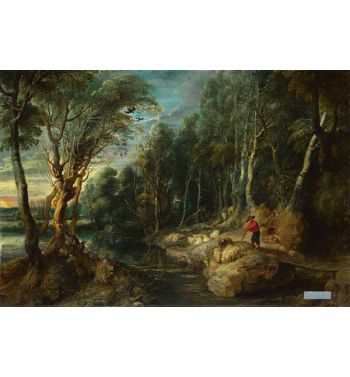 Shepherd With His Flock In A Woody Landscape