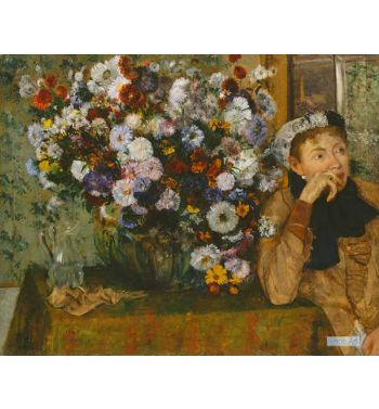 A Woman Seated Beside A Vase Of Flowers