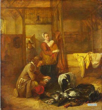 A Man With Dead Birds And Other Figures In A Stable