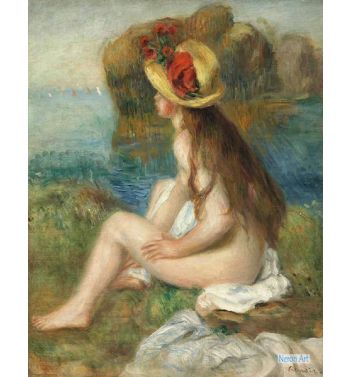 Naked With The Hat Of Straw Sitting In Edge Of Sea