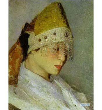 A Girl With Kokoshnik Woman's Headdress In Old Russia 1885