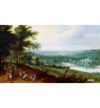A Vast River Landscape With Travellers And Dancing Farmers