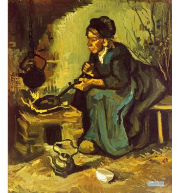 Peasant Woman Cooking By A Fireplace