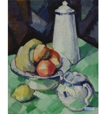 Still Life With Teapot And Fruit On A Green Tablecloth, c1913