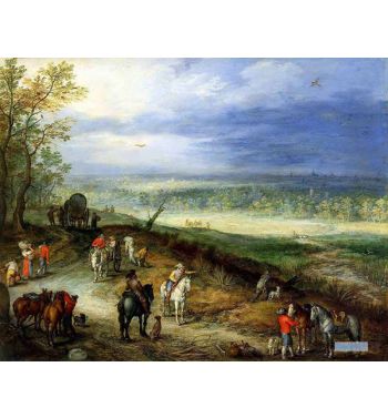 Extensive Landscape With Travelers On A Country Road