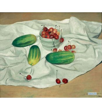 Three Cucumbers And A White Vase With Cherries