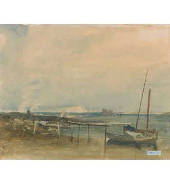 Coast Scene With White Cliffs And Boats On Shore