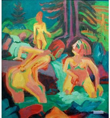 In The Mountain Stream Bathing Naked Women