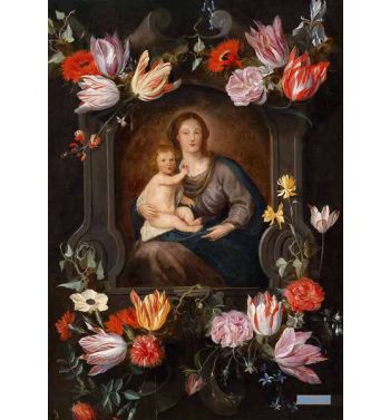 Madonna And Child In A Floral Cartouche