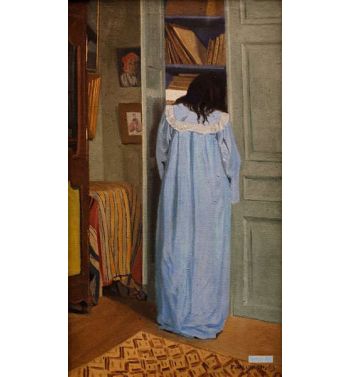 Interior, Woman In Blue Searching In A Cupboard