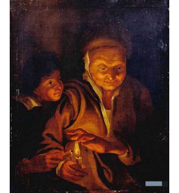 Boy Lighting A Candle From One Held By An Old Woman