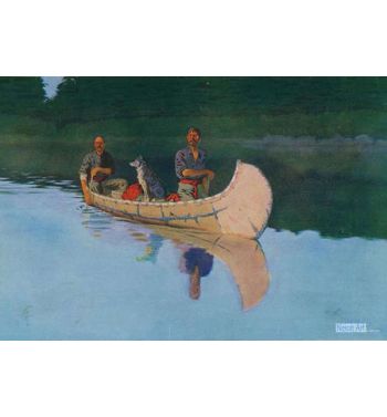 Two Men And A Dog In A Canoe
