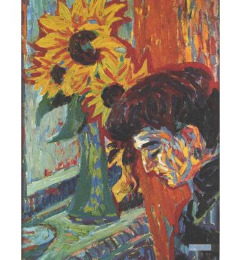 Womans Head In Front Of Sunflowers