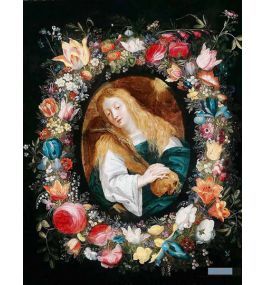 宗教 絵画 有名な絵画の手描きのコピー - ヤン・ブリューゲル (子) (Jan Brueghel the Younger） - 大型カスタム絵画 -  花の花輪でマグダラのマリア
