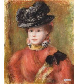 肖像 絵画 美術・絵画 - ピエール＝オーギュスト・ルノワール（Pierre-Auguste Renoir） - 大型カスタム絵画 -  赤い胸郭と黒い帽子を持つ女性