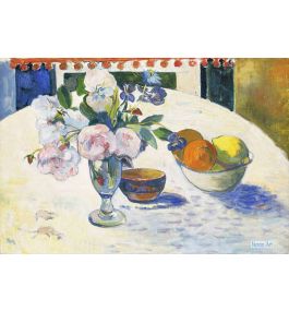 静物 絵画 キャンバスに手描きのレプリカの傑作 - ウジェーヌ・アンリ・ポール・ゴーギャン（Eugène Henri Paul Gauguin） -  大型カスタム絵画 - 花とフルーツのボウル