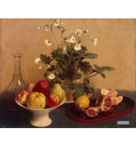 ファンタンラトゥール（Fantin-Latour） - 花、果物とカラフェの皿 - キャンバスに手描きのレプリカの傑作