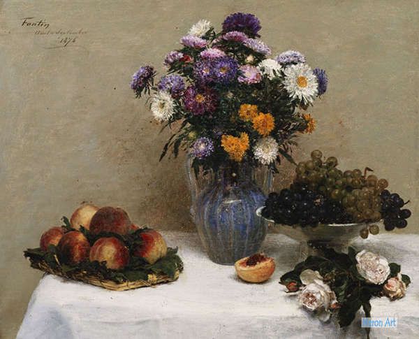 静物 絵画 キャンバスの複製アート - アンリファンタンラトゥール（Henri Fantin-Latour） - 大型カスタム絵画 - 花瓶 桃とブドウの白いバラと菊