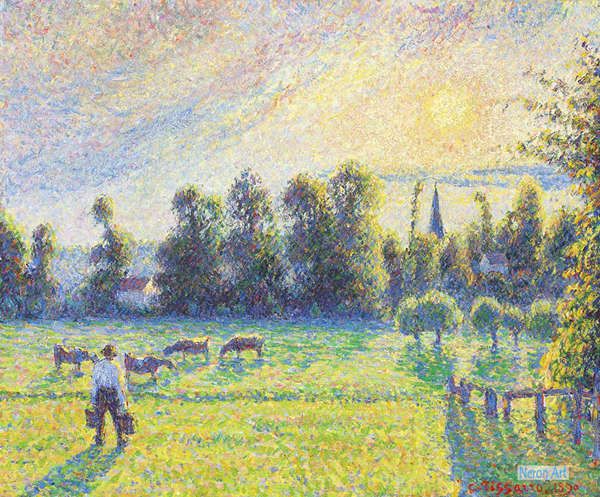 風景 絵画 有名画家の複製画（レプリカ）絵画販売 - カミーユ・ピサロ（Camille Pissarro） - 大型カスタム絵画 -  牧草地サンセットエラニー