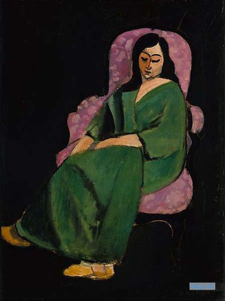 人物 絵画 手書き油絵 複製画 アンリ マティス Henri Matisse 大型カスタム絵画 緑のドレス黒背景とローレット