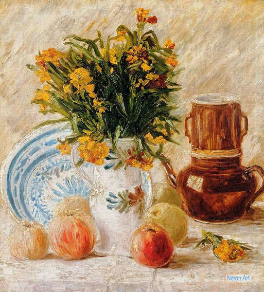 ガラスの花瓶に生けた花の静物画（680×680） - 美術品