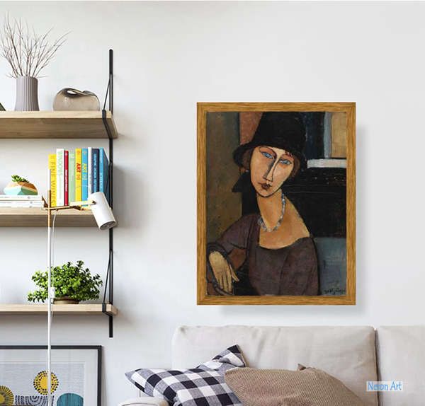 肖像 絵画 美術品 絵画 有名 - アメデオ・クレメンテ・モディリアーニ（Amedeo Clemente Modigliani） - 大型カスタム絵画  - 帽子ジャンヌ・エビュテルヌ