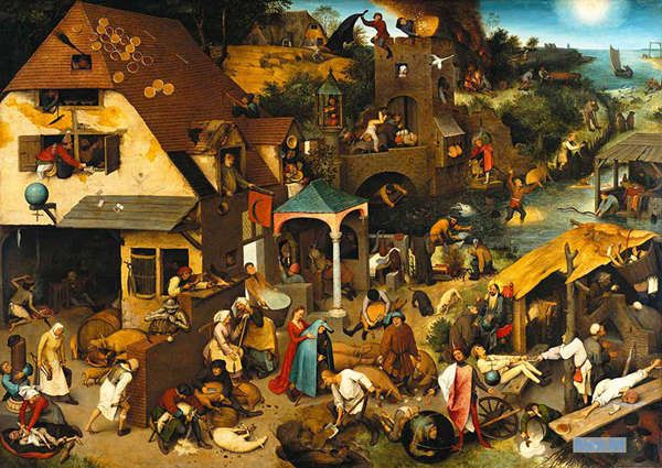 ビンテージ 絵画 キャンバス上の絵画の複製 - ピーテル・ブリューゲル (父)（Pieter Brueghel the Elder） - 大型カスタム絵画  - オランダの諺