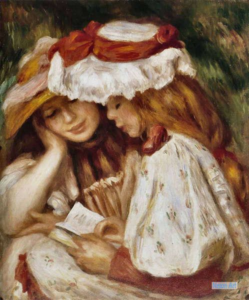 人物 絵画 博物館品質手描きの油絵の複製 - ピエール＝オーギュスト・ルノワール（Pierre-Auguste Renoir） - 大型カスタム絵画  - 若い女の子読書