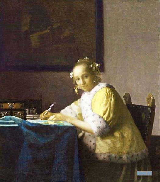 Menselijke Schilderijen, schilderij Hand Beschilderd - Johannes Vermeer - Groot Formaat Aangepaste - Een Dame Brief Schrijft