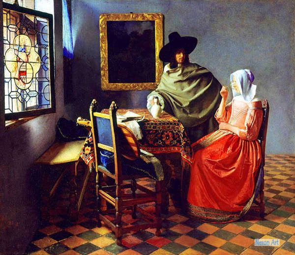 Menselijke Schilderijen, schilderij Kunstkopie - Johannes Vermeer - Groot Formaat Aangepaste Schilderijen - Dame En Wijn Drinken