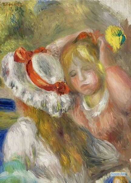 人物 絵画 世界の有名画家の代表作品 - ピエール＝オーギュスト・ルノワール（Pierre-Auguste Renoir） - 大型カスタム絵画 -  赤いリボンの帽子
