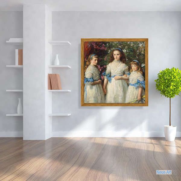 ビンテージ 絵画 キャンバスに有名なアクリル画 - サー・ジョン・エヴァレット・ミレー（Sir John Everett Millais） -  大型カスタム絵画 - 姉妹
