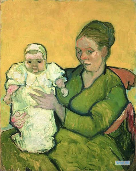 人物 絵画 キャンバス上の有名な油絵の複製 - フィンセント・ヴィレム・ファン・ゴッホ（Vincent Willem van Gogh） -  大型カスタム絵画 - マダム・オーガスティンroulinと赤ちゃんマルセルの肖像